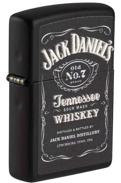 a black lighter with white text with Jack Daniel's in the background - Zippo Jack Daniel's Lighters