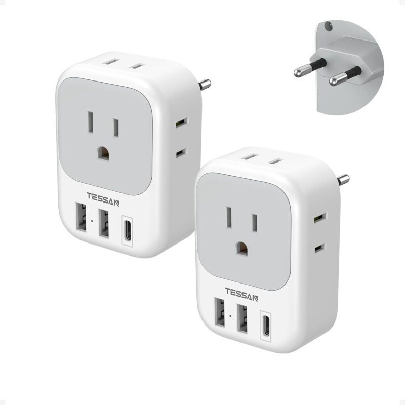 2 Pack European Plug Adapter USB C, TESSAN US to Europe Adapter 4 Outlets 3 USB Charger, Type C International Power Adaptor
